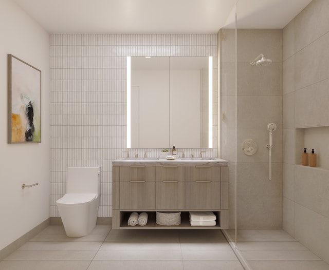 full bath with double vanity, tile walls, tile patterned floors, toilet, and tiled shower