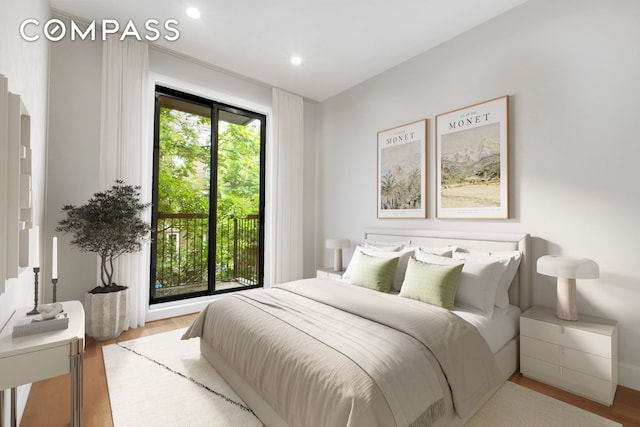 bedroom featuring access to outside, recessed lighting, and wood finished floors