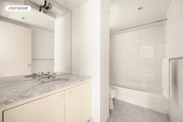 bathroom with vanity, bathtub / shower combination, visible vents, and toilet
