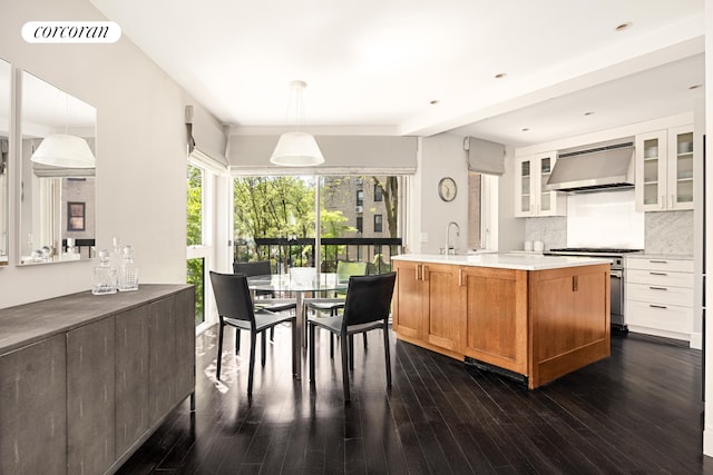 kitchen with dark wood finished floors, decorative backsplash, high end stainless steel range oven, and extractor fan