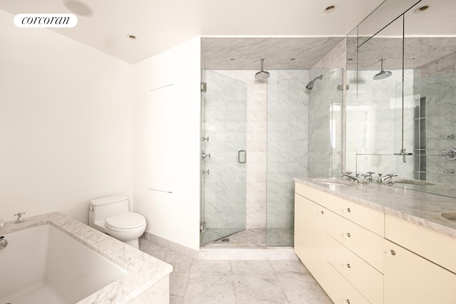 full bath with toilet, a sink, a bath, and a stall shower