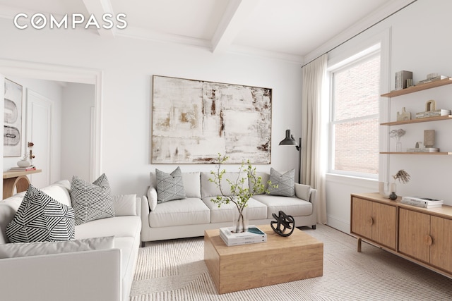 16 E 98th St Unit 8D, New York City, NY 10029 - living room featuring beamed ceiling and crown molding