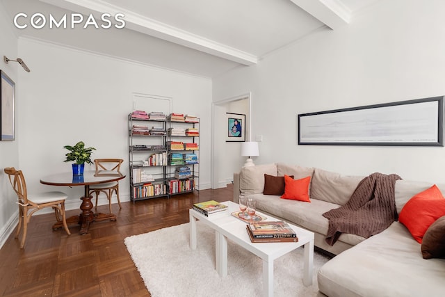 16 E 98th St Unit 8D, New York City, NY 10029 - living room featuring beamed ceiling and crown molding