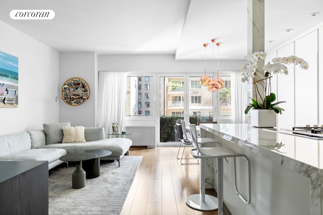 living room featuring light wood-type flooring and visible vents