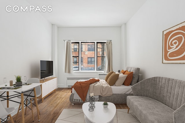 living room featuring wood finished floors and radiator heating unit