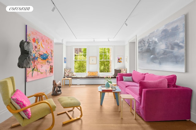 interior space featuring attic access, rail lighting, wood finished floors, and visible vents