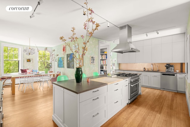 61 Pierrepont St Unit 51/52, New York City, NY 11201 - kitchen featuring rail lighting, island range hood, appliances with stainless steel finishes, a sink, and light wood-style floors