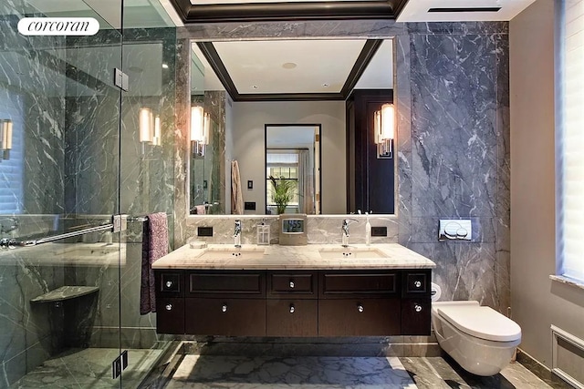 bathroom featuring a sink, tile walls, toilet, and marble finish floor