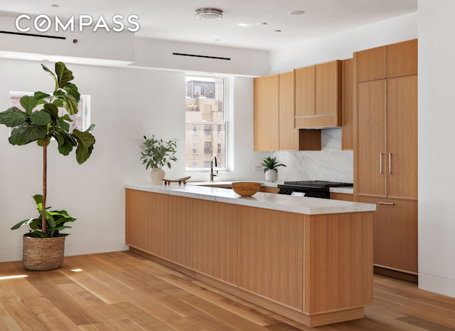 120 E 29th St Phb, Phb, New York City, NY 10016 - kitchen featuring light countertops, a peninsula, light wood-style floors, range, and backsplash