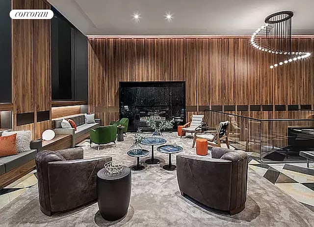 lobby featuring wooden walls
