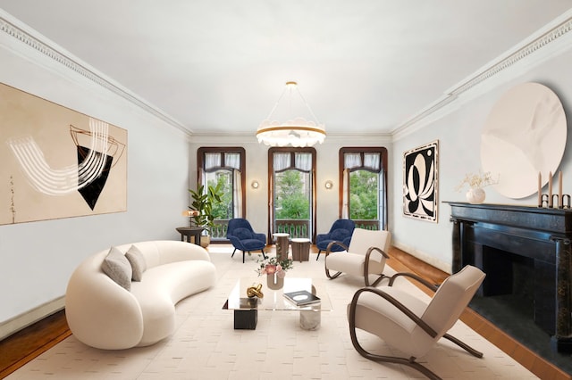 18 E 76th St, New York City, NY 10021 - living room with a fireplace, wood finished floors, crown molding, and baseboards