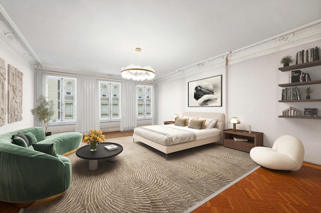 18 E 76th St, New York City, NY 10021 - bedroom with crown molding and a chandelier