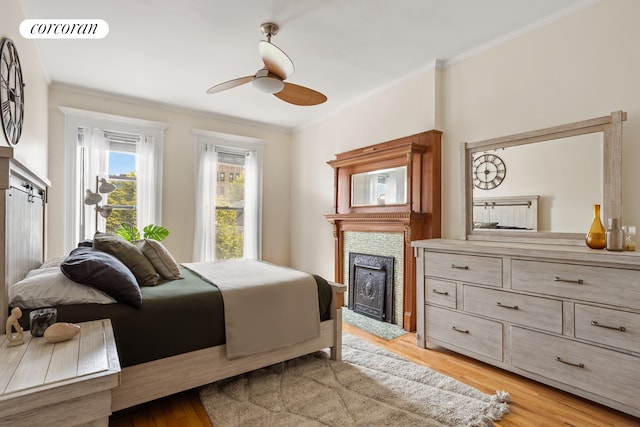 62 Rutland Rd, New York City, NY 11225 - bedroom with crown molding, light wood-style flooring, a fireplace, and ceiling fan
