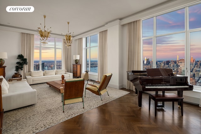 30 Park Pl Unit Ph77A, New York City, NY 10007 - sitting room with an inviting chandelier, crown molding, baseboards, and visible vents