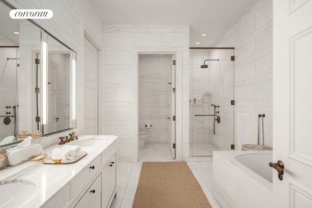 30 Park Pl Unit Ph77A, New York City, NY 10007 - full bath with a shower stall, double vanity, a bath, toilet, and recessed lighting
