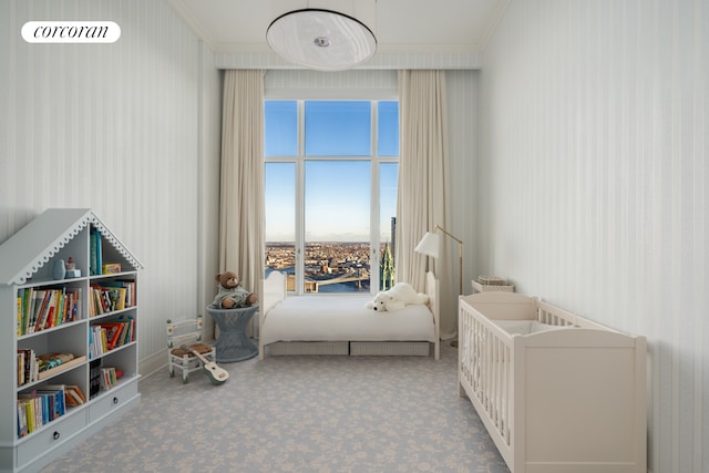 30 Park Pl Unit Ph77A, New York City, NY 10007 - bedroom with carpet, crown molding, and a crib