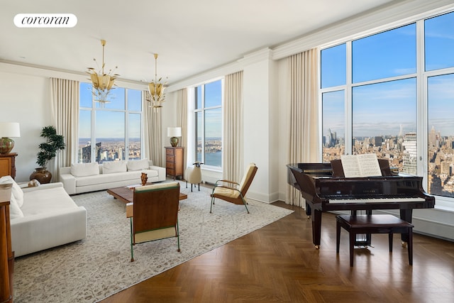 30 Park Pl Unit Ph77A, New York City, NY 10007 - living room with a chandelier, baseboards, and ornamental molding