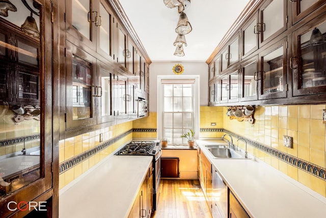 kitchen with light wood-style flooring, stainless steel appliances, a sink, light countertops, and tasteful backsplash