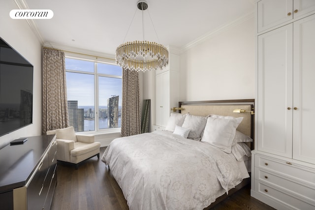 30 Park Pl Unit 68A, New York City, NY 10007 - bedroom with a chandelier, dark wood-style floors, and crown molding