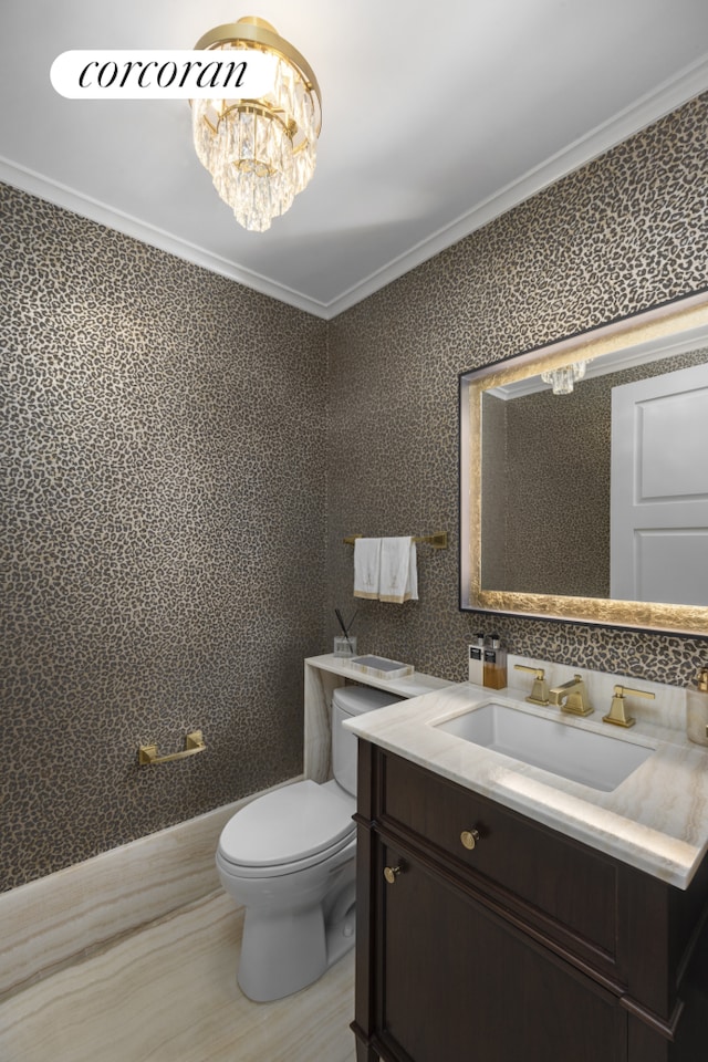 30 Park Pl Unit 68A, New York City, NY 10007 - half bath featuring ornamental molding, toilet, vanity, a chandelier, and wood finished floors