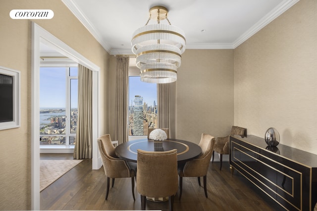 30 Park Pl Unit 68A, New York City, NY 10007 - dining space with a chandelier, wood-type flooring, ornamental molding, and a city view