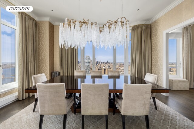 30 Park Pl Unit 68A, New York City, NY 10007 - dining room featuring wallpapered walls, wood finished floors, ornamental molding, and baseboards