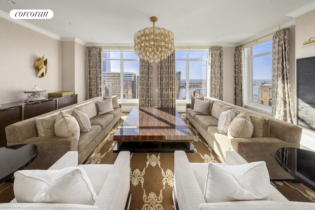 30 Park Pl Unit 68A, New York City, NY 10007 - living room featuring a water view, ornamental molding, and a chandelier