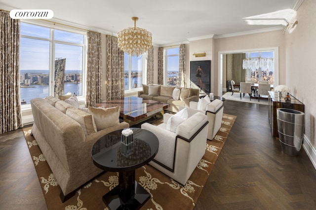 30 Park Pl Unit 68A, New York City, NY 10007 - living area featuring a chandelier, crown molding, a water view, and baseboards