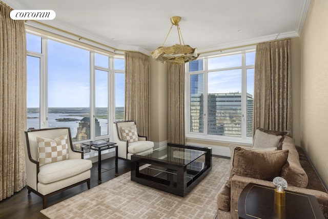 30 Park Pl Unit 68A, New York City, NY 10007 - living area with crown molding, a water view, and wood finished floors