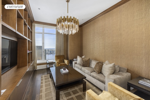 30 Park Pl Unit 68A, New York City, NY 10007 - living area featuring ornamental molding, a chandelier, and dark wood finished floors