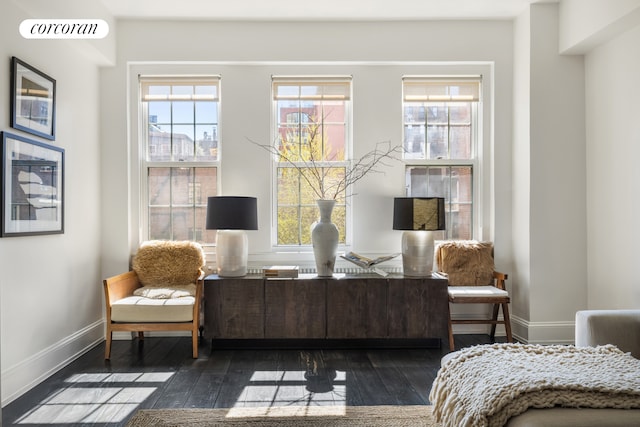 sitting room featuring dark wood finished floors, plenty of natural light, and baseboards