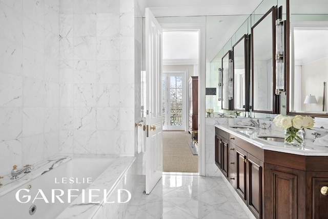 15 Sutton Place, New York City, NY 10022 - bathroom with a bath, vanity, and ornamental molding