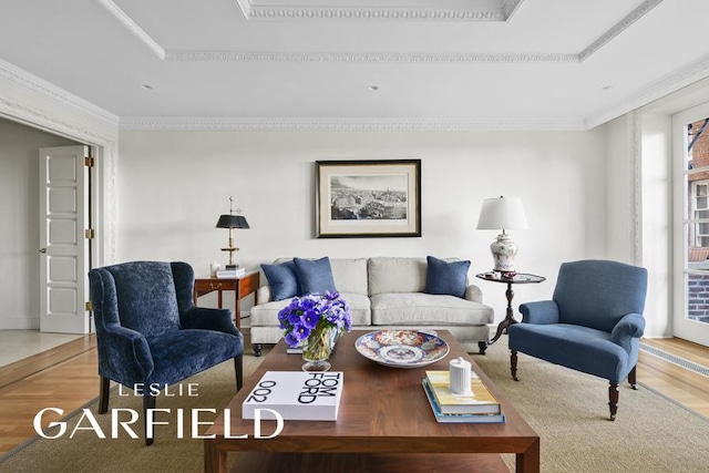 15 Sutton Place, New York City, NY 10022 - living area with crown molding, light wood-style flooring, and a raised ceiling