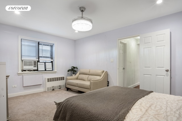 carpeted bedroom featuring radiator, baseboards, recessed lighting, and cooling unit