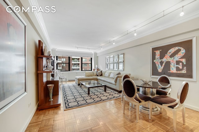 living room with rail lighting, baseboards, and ornamental molding