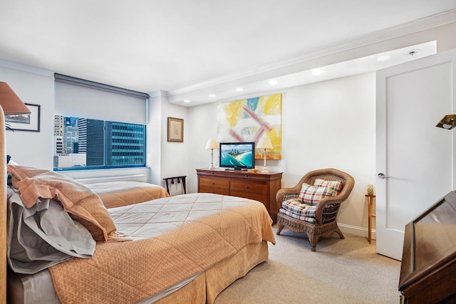 bedroom with recessed lighting, carpet flooring, ornamental molding, and baseboards