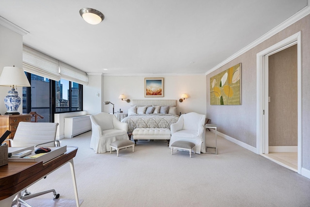 bedroom featuring light carpet, ornamental molding, a desk, and baseboards