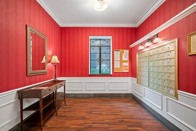 unfurnished room with mail area, wood finished floors, wainscoting, and ornamental molding