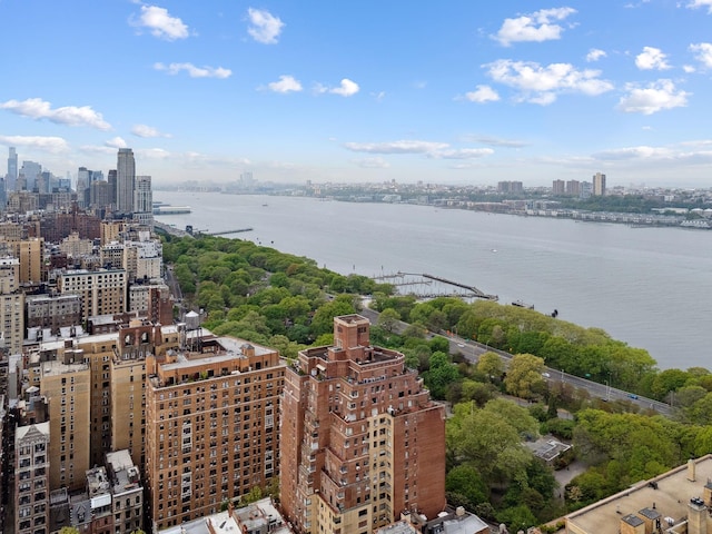 aerial view of a skyline view and a large body of water
