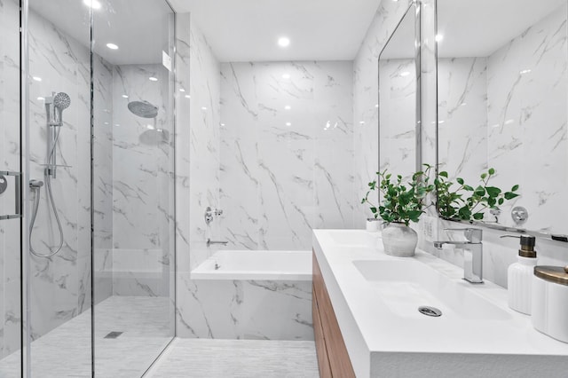 78-29 Austin St Unit Th-1, New York City, NY 11375 - full bathroom featuring double vanity, a marble finish shower, a bath, and recessed lighting
