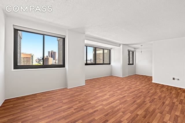 empty room featuring a textured ceiling, wood finished floors, plenty of natural light, and baseboards