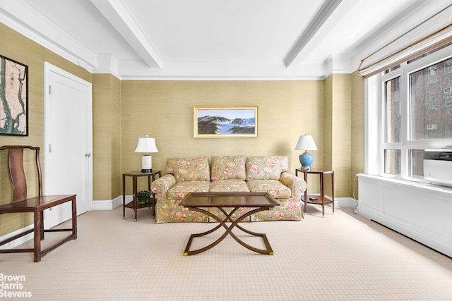 carpeted living room with beam ceiling, baseboards, cooling unit, and ornamental molding