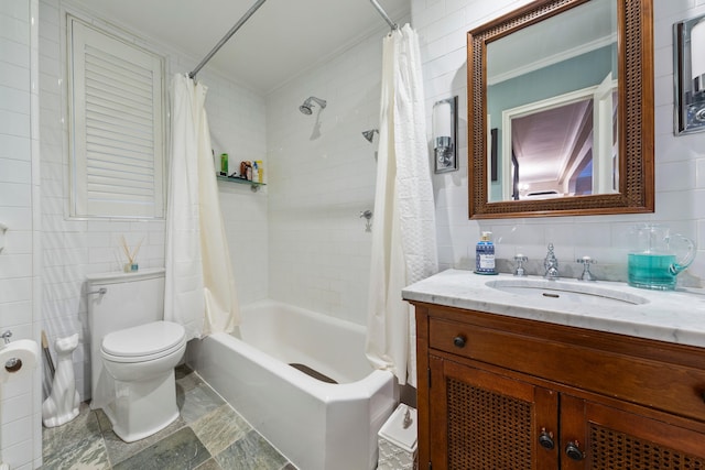 125 W 96th St Unit 1A, New York City, NY 10025 - full bathroom with shower / tub combo, tile walls, toilet, vanity, and crown molding
