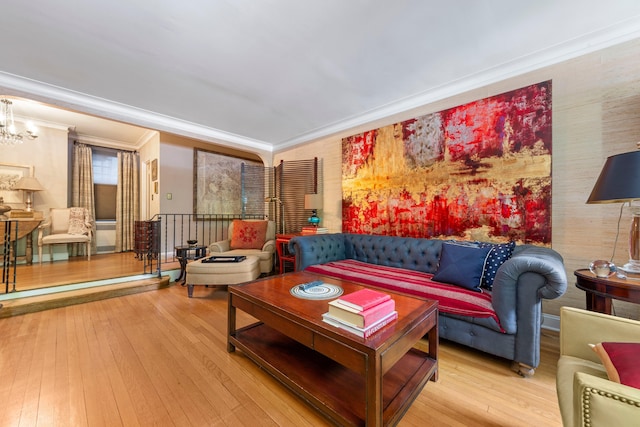 125 W 96th St Unit 1A, New York City, NY 10025 - living area with crown molding, hardwood / wood-style flooring, and a chandelier