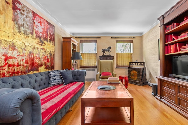 125 W 96th St Unit 1A, New York City, NY 10025 - living area with light wood-style floors, ornamental molding, and radiator heating unit