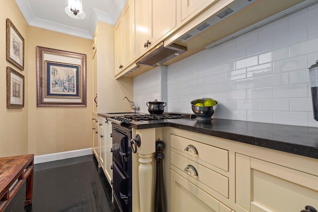 125 W 96th St Unit 1A, New York City, NY 10025 - kitchen featuring black gas stove, decorative backsplash, dark countertops, ornamental molding, and cream cabinetry