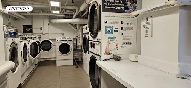 shared laundry with washer and dryer, estacked washer and dryer, and light tile patterned flooring