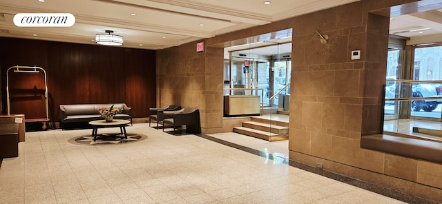 235 W 102nd St Unit 17F, New York City, NY 10025 - community lobby featuring recessed lighting, beam ceiling, and tile walls