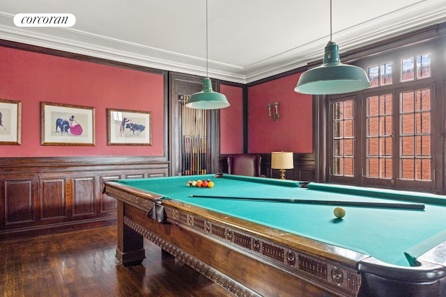 playroom featuring crown molding, pool table, dark wood-style flooring, and a wainscoted wall