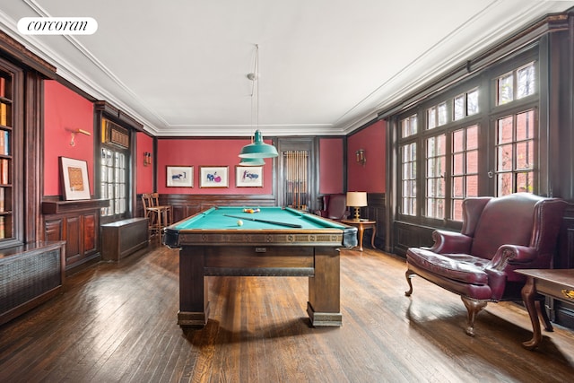 rec room featuring crown molding, billiards table, wood-type flooring, and wainscoting